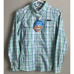 Columbia PFG Super Lo Drag Shirt Green Plaid Vented Fishing Outdoor Women's S Sm